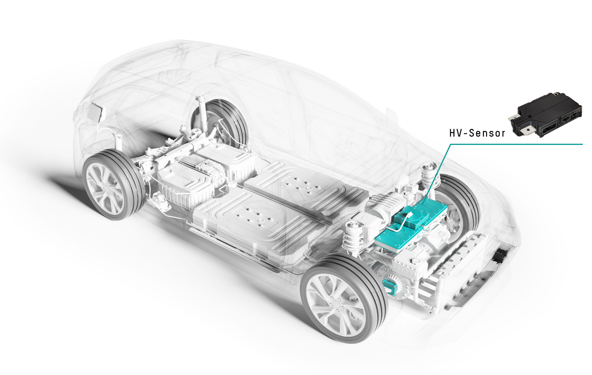 CAD-Rendering eines Elektroautos. Der Motor ist farblich hervorgehoben. Ein Pfeil zeigt an, wo der HV-Sensor von Marquardt eingebaut wird. Der HV-Sensor ist ebenfalls auf der Grafik abgebildet.